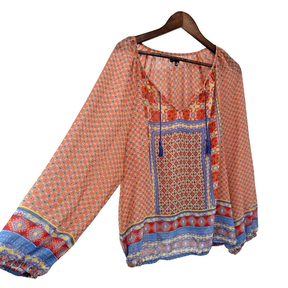 Hannah Orange Geometric Boho Tassel Peasant Sleeve blouse Sheer Artsy festival
